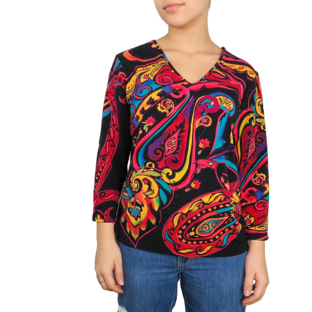 1990s Vintage Chico's Rainbow Swirly Paisley Long Sleeve Top Small Medium